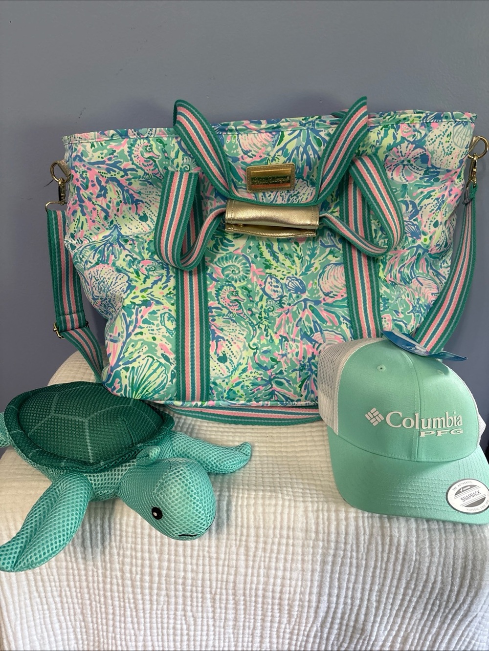 Lilly Pulitzer Sea Shell Print Tote with Striped Handles and Gold Trim